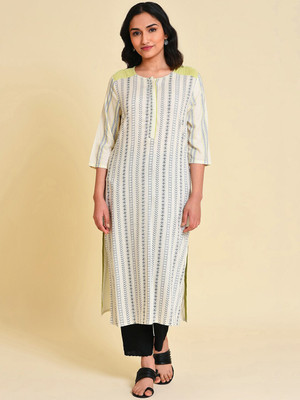W Women Striped Straight Kurta(White)