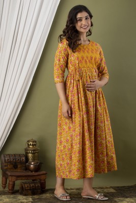 Tulsiram Women Printed Anarkali Kurta(Yellow, Pink)