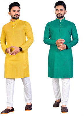 JENZEE Men Embellished Straight Kurta(Yellow, Green)