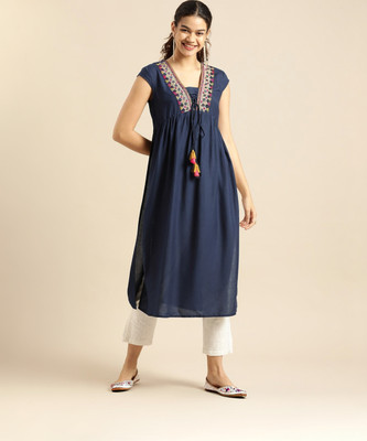 Anuttara Fashions Women Embroidered Flared Kurta(Dark Blue)
