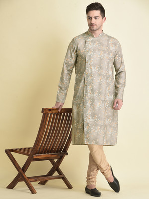 Tabard Men Printed Asymmetric Kurta(Grey)