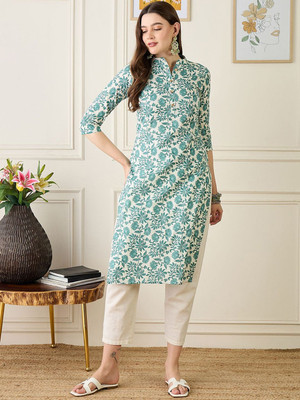 ANOUK Women Geometric Print Straight Kurta(White)