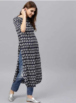 HARITWAL Women Printed Straight Kurta(Black, White)