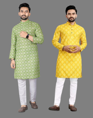 DHASU TRENDZ Men Printed Straight Kurta(Light Green, Yellow)