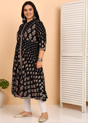 AKIKO Women Printed Anarkali Kurta(Black)