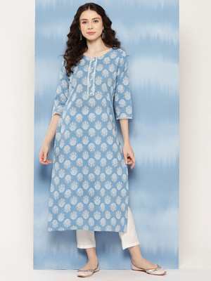 Nayo Women Printed Straight Kurta(Light Blue, White)