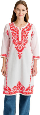Era Chikan Women Chikan Embroidery, Embroidered Ethnic Dress Kurta(Red)