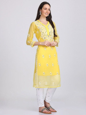 Ekkambar Women Chikan Embroidery Straight Kurta(Yellow)
