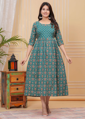 TRENDYG Women Printed, Block Print Anarkali Kurta(Dark Blue, Multicolor)