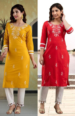 vikshi Women Chikan Embroidery Straight Kurta(Multicolor)