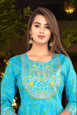 Wawlooks Women Bandhani Flared Kurta(Blue)