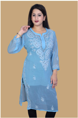Hahatcloset Women Chikan Embroidery Straight Kurta(Blue)