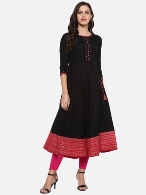 Yash Gallery Women Printed Anarkali Kurta(Black)