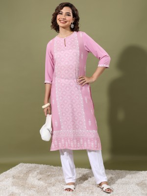 Vishudh Women Solid Straight Kurta(Pink, White)