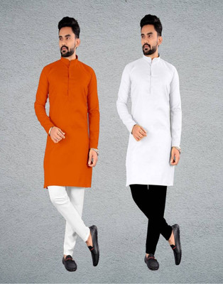 DHASU TRENDZ Men Solid Straight Kurta(Orange, White)