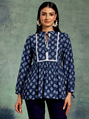 LIBAS Women Printed A-line Kurta(Dark Blue, White)