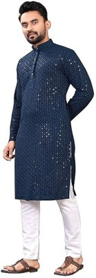 JENZEE Men Solid Straight Kurta(Dark Blue)