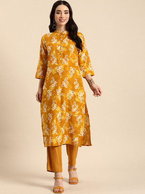 ANOUK Women Floral Print Straight Kurta(Yellow)