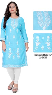 Krihani Women Embroidered Straight Kurta(Light Blue, White)