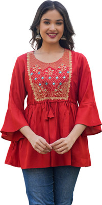 MF HAYAT Women Embroidered Cape Top Kurta(Red)