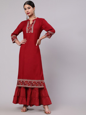 AKS Women Printed, Solid Straight Kurta(Maroon)