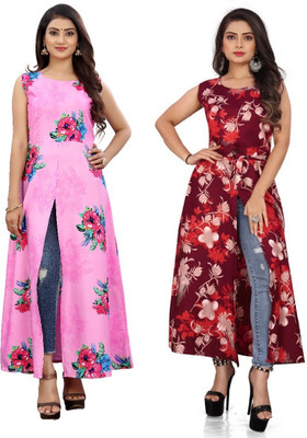 tanvi creation Women Printed Frontslit Kurta(Red, Pink)