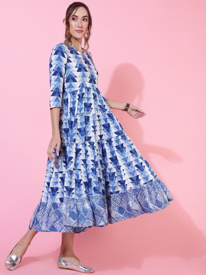Gulmohar Jaipur Women Printed Flared Kurta(Blue)