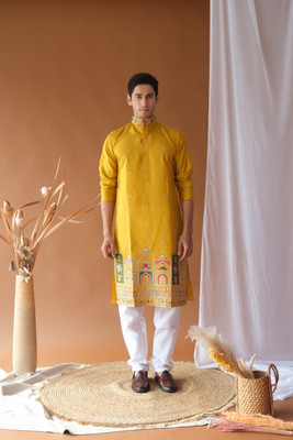 NEXOIRA Men Embroidered Straight Kurta(Yellow)