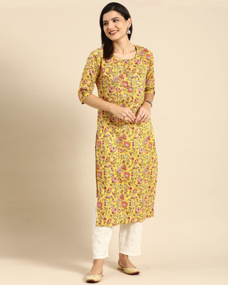 Rajnandini Women Printed Straight Kurta(Yellow)
