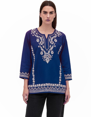 Era Chikan Women Embroidered Ethnic Dress Kurta(Dark Blue)