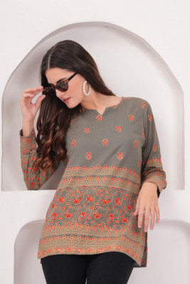 Pingaksh Women Printed Straight Kurta(Grey)