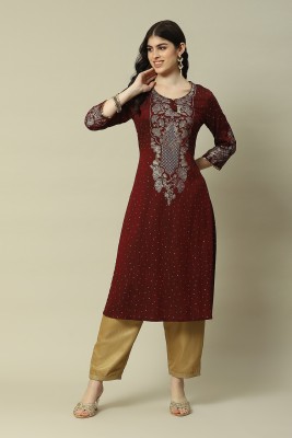 RANGRITI Women Printed Straight Kurta(Maroon)