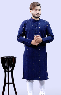 Tibra Collection Men Woven Design Straight Kurta(Dark Blue)