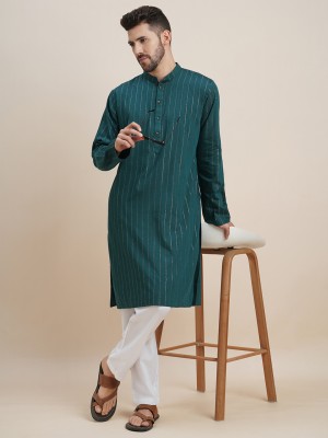 SWAGG INDIA Men Striped Straight Kurta(Dark Green)