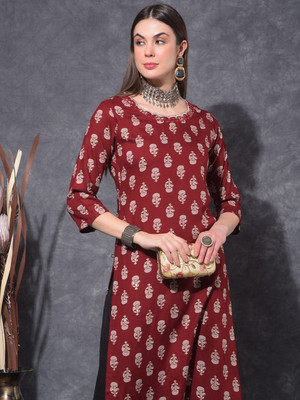 Mamoose Women Floral Print Straight Kurta(Maroon)