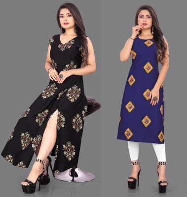 tanvi creation Women Printed Straight Kurta(Blue, Black)