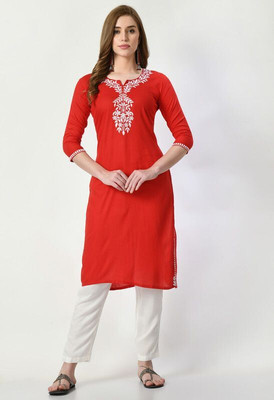 Rudraaksha Chikankari Women Embroidered Straight Kurta(Red)