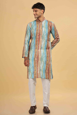 ANOUK Men Colorblock Straight Kurta(Blue)