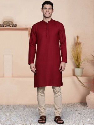 Indo Era Men Solid Straight Kurta(Maroon)