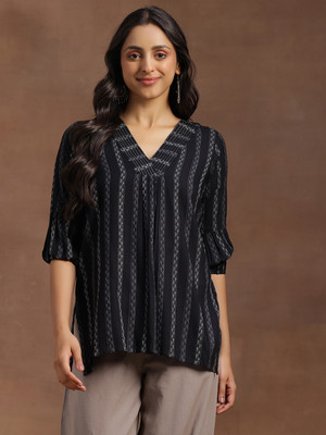 LIBAS Women Woven Design Straight Kurta(Black)