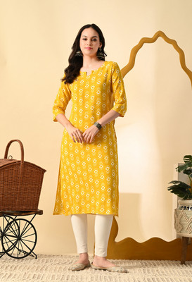 METAFAB Women Printed A-line Kurta(Yellow)