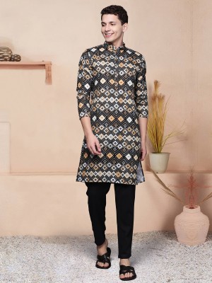 Indo Era Men Printed Straight Kurta(Grey)