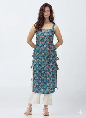 Linaasha Women Floral Print Straight Kurta(Grey)