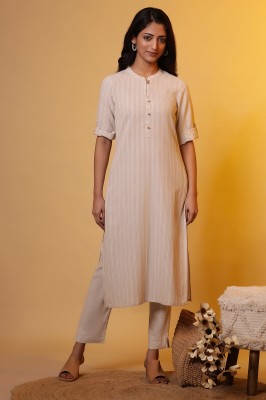 Aurelia Women Striped Straight Kurta(Beige)