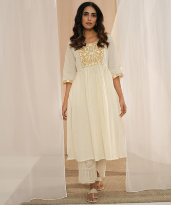 LIBAS Women Embroidered A-line Kurta(White)
