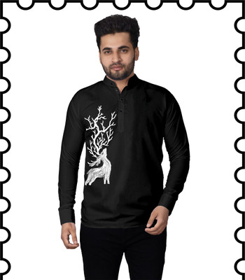 Kavyangle Creation Men Animal Print Straight Kurta(Black)