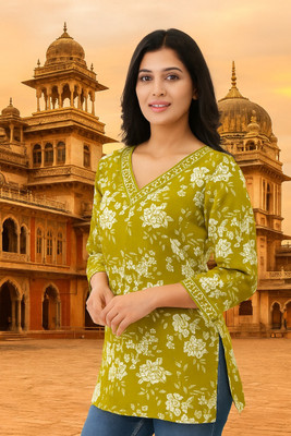 PS FASHION Women Printed Straight Kurta(Green, White)