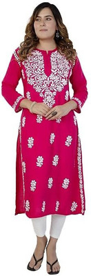 The Sufistore Women Chikan Embroidery A-line Kurta(Pink)