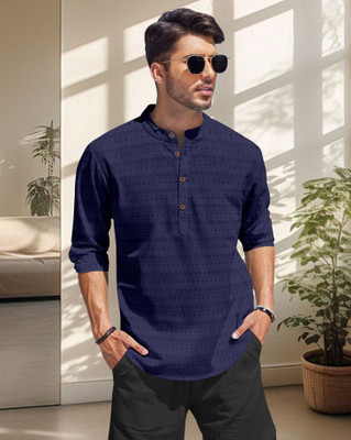 SPOQUE Men Printed Straight Kurta(Dark Blue)