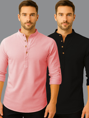 KNOWTED Men Solid Straight Kurta(Pink, Black)